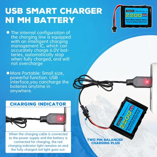 Miniatura 4 de 2 pilas AA NiMH de 6.0 V 2200 mAh con enchufe SM-2P y cargador USB para TB141 TB142 DE37 RC coche de juguete, excavadora RC, camión