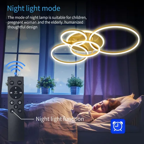 Miniatura 3 de Lámpara de techo LED moderna de 90 W, regulable, con control remoto, 5 anillos, lámpara de techo de acrílico dorada para sala de estar, dormitorio