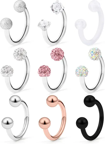 Miniatura 5 de Hoeudjo 9 – 18 piezas 16G acero quirúrgico, anillo labial de cristal, barra de herradura para cartílago tragus, arete de aro hélix daith Septum