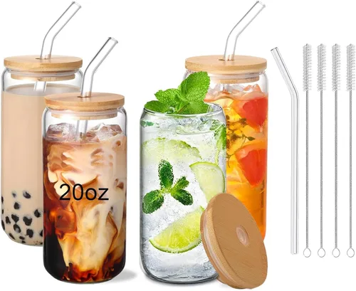 Miniatura 11 de Juego de 2 tazas de vidrio con tapas y pajitas, tazas de café helado con tapas para cerveza fría y cerveza, vidrio en forma de lata de 20 onzas
