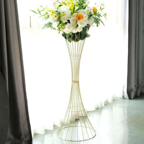 Miniatura 12 de Efavormart - Juego de 2 centros de mesa de 32 pulgadas con marco de metal entrecruzado geométrico dorado, soportes de flores con pedestal de columna
