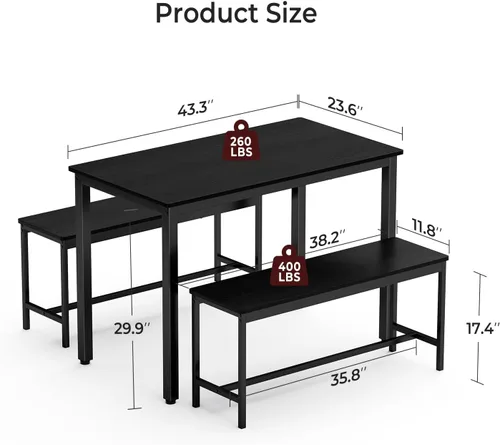 Miniatura 7 de Tatub Juego de mesa de comedor para 4, mesa de cocina de 3 piezas con 2 bancos, juego de comedor que ahorra espacio para rincón de desayuno y Negro