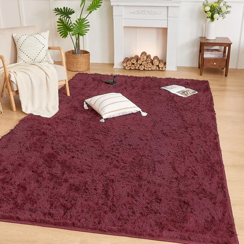 Miniatura 8 de Andency Alfombras suaves color burdeos para sala de estar, dormitorio, 5 x 8 pies, alfombra de noche lanuda esponjosa, antideslizante, alfombra