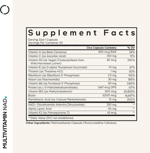 Miniatura 2 de Codeage Suplemento multivitamínico NAD – Energía NAD+ y apoyo al envejecimiento saludable – Vitamina D3 K2, P5P, B12 metilado, ácido alfa lipoico