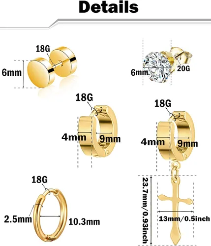 Miniatura 2 de Juego de 15 pares de aretes colgantes de acero inoxidable con bisagras, aretes tipo dormilona con circonita cúbica para hombres y mujeres, joyería
