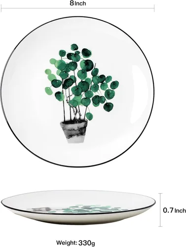 Miniatura 3 de Juego de 6 platos de porcelana de 8 pulgadas con patrón de plantas, vajilla de cerámica blanca para carne, almuerzo, ensalada, postre, servir pan