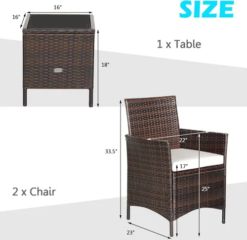Miniatura 6 de Juego de muebles de patio de 3 piezas, muebles de mimbre para exteriores con cojín resistente al agua y mesa superior de vidrio templado, juego