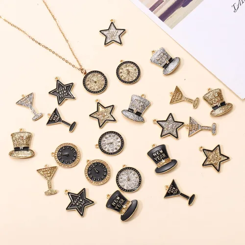 Miniatura 4 de NVENF 24 dijes de feliz año nuevo para hacer joyas, dijes de año 2023 esmaltados con purpurina y estrella, para pulsera, collar, aretes