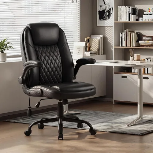 Miniatura 2 de MALOL Silla de oficina de cuero, silla de escritorio para computadora con soporte lumbar ajustable, cojín grueso, brazos abatibles y respaldo Negro