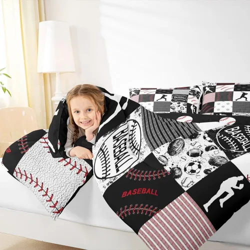 Miniatura 7 de Erosebridal - Juego de edredón individual para niños con diseño de béisbol y sóftbol, juego de cama deportivo acolchado para niños, edredón