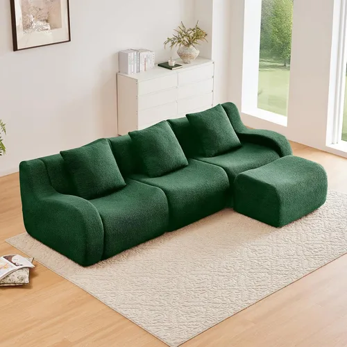 Miniatura 16 de Otomana de tela de peluche negra, moderno reposapiés modular sin hueso en una caja para sala de estar, cómodo diseño de asiento profundo,