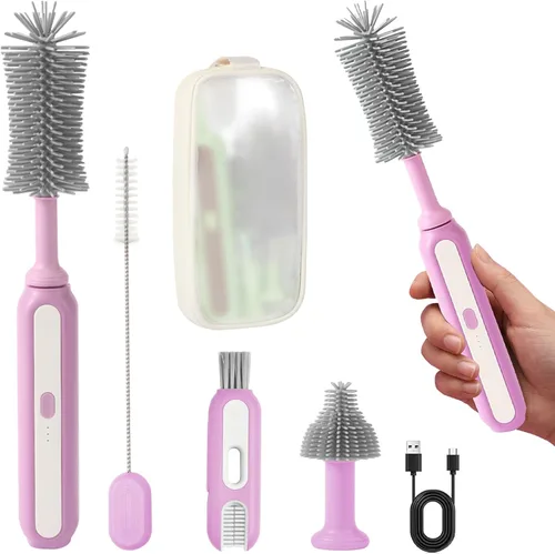 Miniatura 11 de Limpiador eléctrico de cepillos para biberones, kit de viaje 5 en 1 con bolsa de almacenamiento, silicona de grado alimenticio, batería de larga