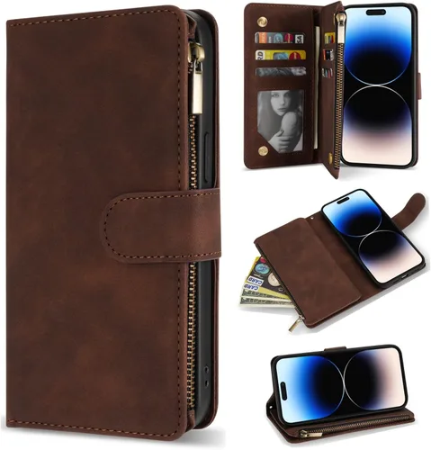 Miniatura 9 de ZZXX Funda tipo cartera para iPhone 14 Plus con [Bloqueo RFID] Ranura para tarjetas Cuero PU suave premium con cremallera tipo folio plegable