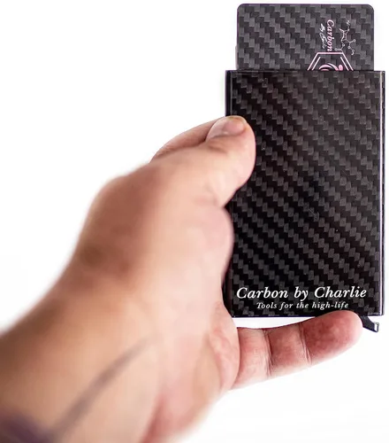 Miniatura 6 de RFID bloqueo de fibra de carbono pop-up billetera, diseño delgado y lujoso, tarjetero para hombres, caja de regalo, Negro -, Minimalista