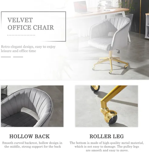 Miniatura 4 de Silla de tocador gris con rueda, moderna silla de terciopelo para oficina en casa con respaldo, silla cruzada para tocador, sala de estar