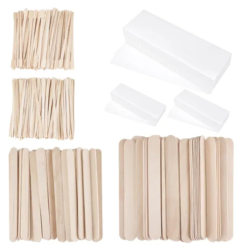Juego de 600 tiras de cera de madera, 300 varillas aplicadoras de cera de madera, espátulas pequeñas, medianas y grandes y 300 tiras de cera de