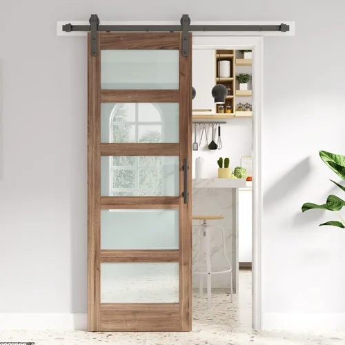FREDBECK Puerta de granero de vidrio de 28 x 80 pulgadas con kit de herrajes para puerta de granero de 5 pies y asa incluida, vidrio esmerilado de 5