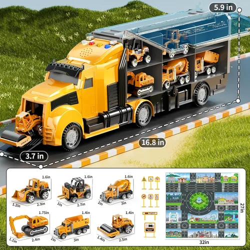 Miniatura 6 de NIPLOOOW Juego de juguetes de camiones de construcción con alfombra de juego, juego de vehículos de transporte de camiones para niños de 3, 4, 5 y 6