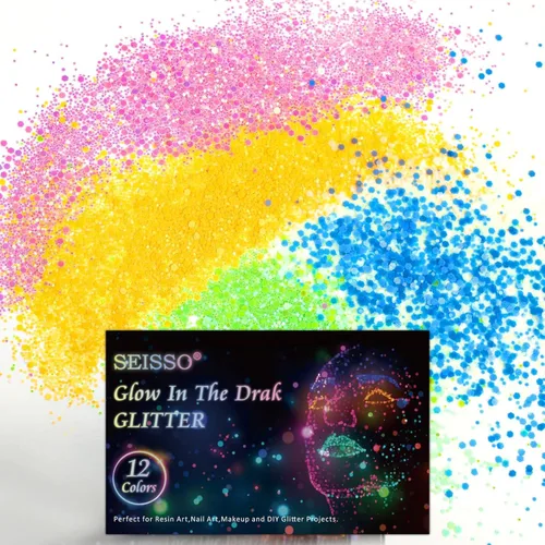 Miniatura 9 de SEISSO Polvo que brilla en la oscuridad, 12 colores, tinte de resina epoxi, pigmento luminoso con purpurina en polvo, seguro de larga duración