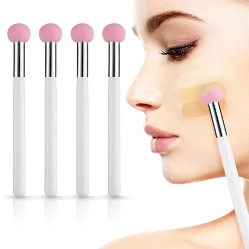Miniatura 2 de Sibba Juego de 4 brochas de base de maquillaje con mango rosa y blanco para polvo, rubor, contorno y corrector, incluye esponja, pinceles de mezcla
