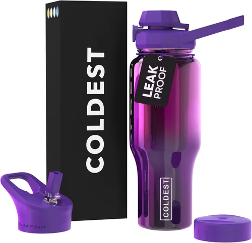 Miniatura 8 de Coldest Botella de agua deportiva – Tapas 3 en 1 (Chug, popote, asa) – Vaso térmico de acero inoxidable con asa – Taza de agua al vacío, regalos