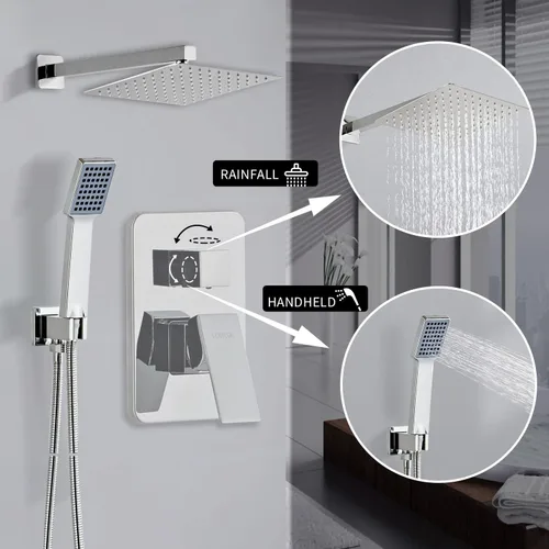 Miniatura 2 de Cabezal de Regadera - Juego de Grifo de Ducha Sistema Combo Cuadrado con Cabezal de Ducha de Lluvia de 20 cm, Montaje en Pared, Ducha de Mano, Acero