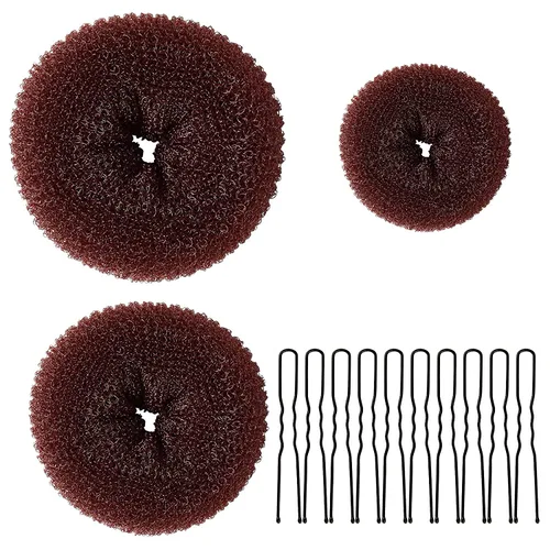 Miniatura 7 de TsMADDTs Máquina para hacer moños de pelo en forma de dona, 3 piezas, color marrón oscuro, estilo anillo, con 20 horquillas en forma de U para bailar