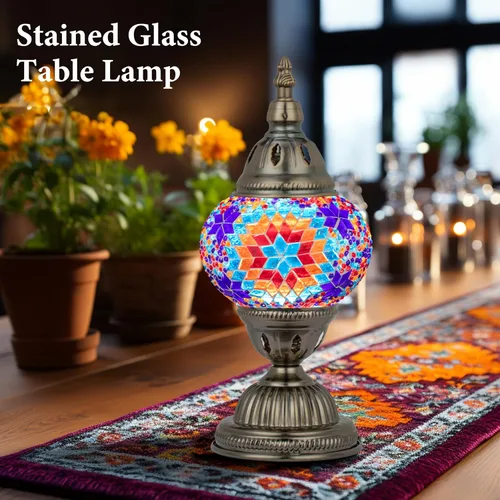 Miniatura 2 de Marrakech Lámpara de vidrieras marroquíes con estilo Tiffany, lámparas de mosaico turco hechas a mano con base de bronce, incluye bombilla LED