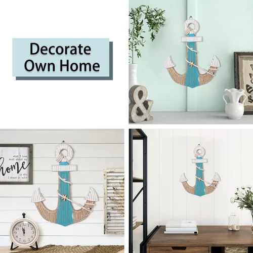 Miniatura 5 de Asense Arte para colgar en la pared, ancla de madera con cuerda, decoración de pared temática náutica, decoración del hogar, temática de playa, 9.8