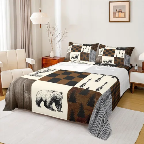 Miniatura 22 de Rustic Lodge - Juego de sábanas tamaño individual con diseño de oso y alce, diseño de retazos, color rojo y negro, a cuadros, ropa de cama de Multi