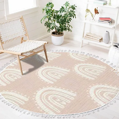 Miniatura 3 de Alfombra redonda bohemia para niños, dibujada a mano sin costuras con arco iris rosa pastel, alfombra de verano para bebé, alfombra de lino