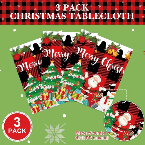 Miniatura 2 de Tiamon 3 piezas de mantel de Navidad 54 x 108 pulgadas, rojo, negro, mantel a cuadros de búfalo para mesa rectangular, mantel desechable de plástico