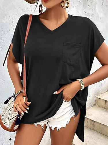 Miniatura 4 de FSHAOES Camisetas de verano con cuello en V para mujer, manga casquillo, camisetas de gran tamaño, ajuste holgado