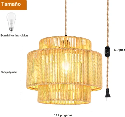 Miniatura 5 de QIYIZM Lámpara colgante enchufable con cable de enchufe, lámpara colgante bohemia regulable, pantalla de bambú tejida de mimbre de ratán, lámpara