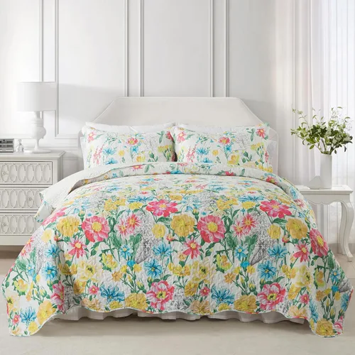Miniatura 25 de NEWLAKE - Juego de cubrecama reversible de microfibra bordada con patrón floral en relieve en jacquard beige, tamaño queen