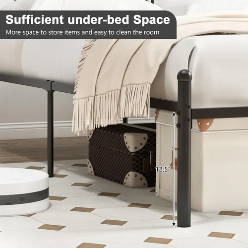 Miniatura 7 de Giantex Base de cama de metal negro con cabecera de estilo victoriano, base de cama de plataforma de 12.5 pulgadas con soporte de 14 listones