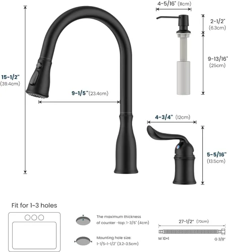 Miniatura 7 de APPASO Grifo de cocina de 3 agujeros con rociador extraíble, grifos de cocina con dispensador de jabón, 3 piezas de grifo de fregadero de cocina