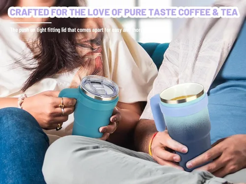 Miniatura 5 de Zukro Vaso de 20 onzas con asa, tapa y pajilla, forrado de cerámica, de acero inoxidable de doble pared aislada al vacío, tazas de café para hogar