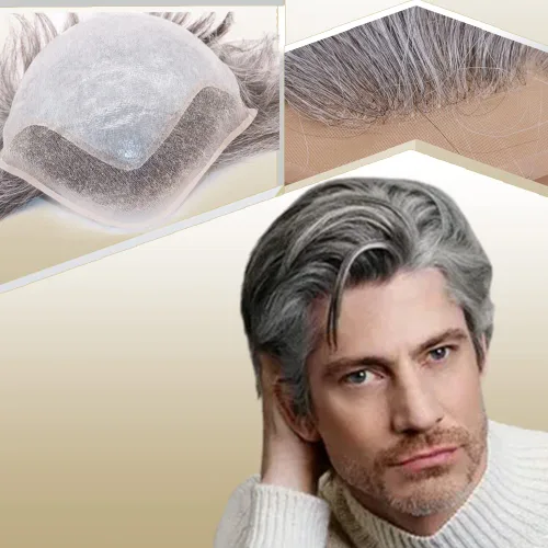Miniatura 16 de Peluca de cabello humano europeo de repuesto para hombre, encaje suizo frontal, 0.003 in, piel fina, poliuretano, con bucle, 10 x 8 pulgadas, 20%