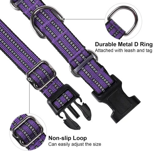Miniatura 3 de Martingale - Collar para perro, collar reflectante de nailon ajustable con hebilla sin tirones, para perros pequeños, medianos y grandes (morado, L)