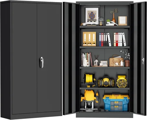 Miniatura 10 de Greenvelly Armario de almacenamiento de metal de 72 pulgadas de alto con 2 puertas y 4 estantes ajustables, gabinete de metal negro con cerradura