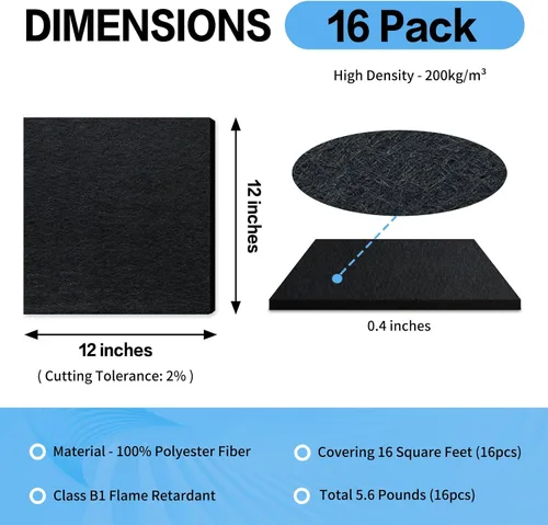 Miniatura 2 de BXI - Absorbente de sonido, paquete de 16 paneles de absorción acústica de alta densidad de 12 x 12 x 3/8 de pulgada, paneles de absorción de sonido