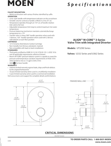 Miniatura 5 de Moen Align Cromado M-CORE Serie 3 Guarnición de Ducha de 2 Manijas con Válvula de Transferencia Integrada, Válvula Requerida, UT3290 Cromo