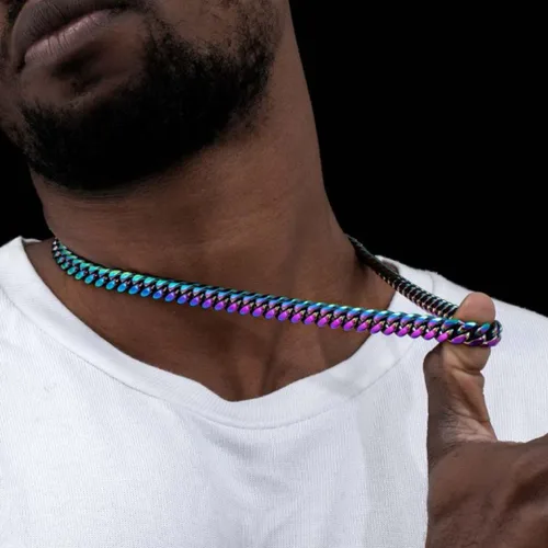 Miniatura 3 de Rowin&Co Mens Chunky Miami Cuban Link Chain - Rainbow Multicolor Stainless Steel Curb Necklace, Nickel-free, Colorful Chains, Hip Hop Jewelry Choker