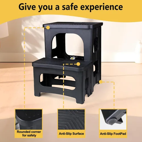 Miniatura 9 de AMOISE Amoise Taburete plegable de 2 escalones, reposapiés portátil antideslizante de 8 y 17 pulgadas de altura doble, soporta 300 libras