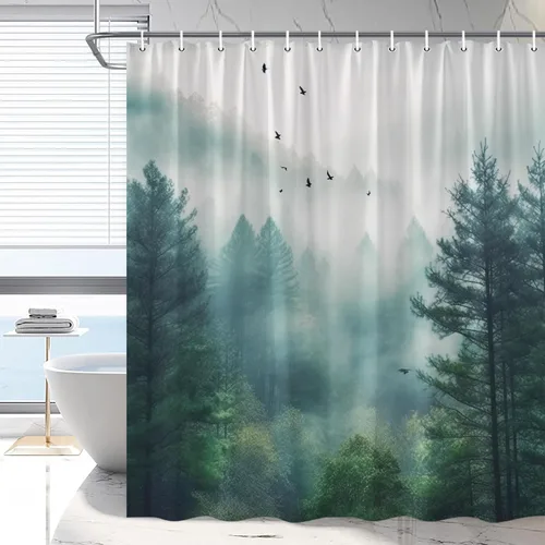 Miniatura 2 de Misty Forest - Cortina de ducha escénica de naturaleza con árboles verdes, bosques brumosos, cortinas de baño, pájaros, primavera, verano