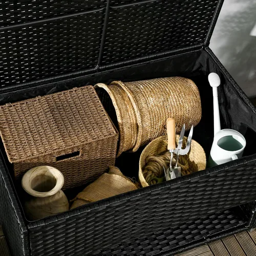 Miniatura 9 de Outsunny Caja de cubierta y almacenamiento de zapatos, toallero de mimbre de ratán PE con forro para interiores, exteriores, cojines de muebles