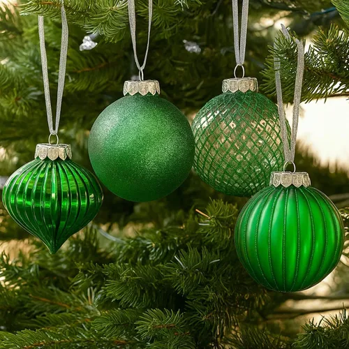 Miniatura 10 de Adornos de Navidad verdes – Juego de 32 piezas de decoraciones de plástico inastillables para árbol de Navidad, 16 bolas de nieve con purpurina