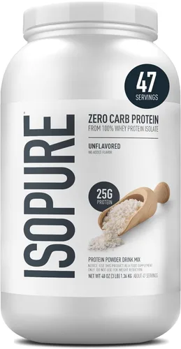 Miniatura 11 de Isopure-Aislado de proteína de suero de leche en polvo 100% puro, sin carbohidratos/lactosa/gluten, c/vitaminas, sin sabor, 0.88 oz (25 g) por