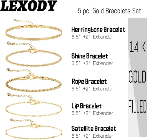 Miniatura 2 de LEXODY Pulseras de oro para mujer, juego de pulseras de espiga de oro de 14 quilates, delicadas joyas de espiga apilables, cadena fígaro, cadena